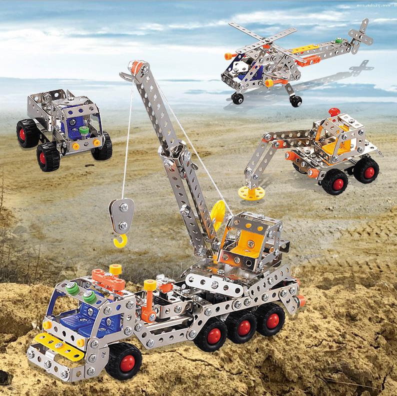 metal construction toys metal educational toys meccano sets erector sets metal building model STEM kit DIY toy 4in1 crane dumper truck helicopter and excavator wholesale